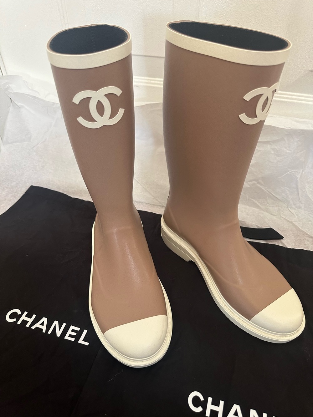 CHANEL Brown and White Logo Tall Rubber Rain Boots